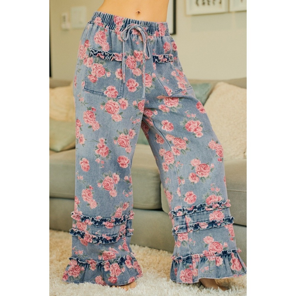 BiBi Washed Floral Denim With Ruffle Elastic Wide Pants - Small - Picture 7 of 16